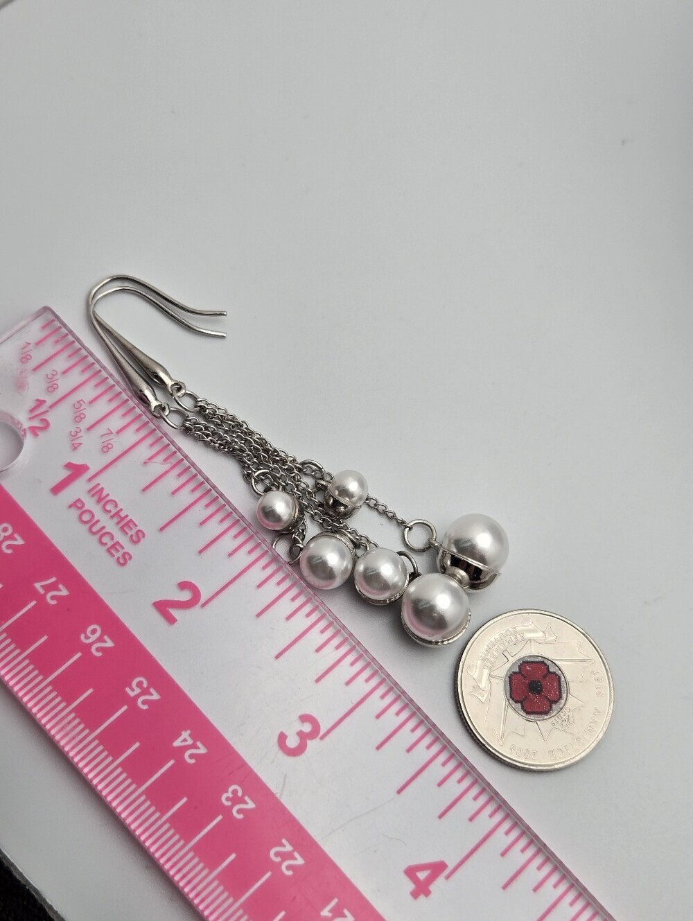 Triple Chain Faux Pearl Dangle Earrings Waterfall Drop French Hooks 3" Vintage - Picture 8 of 8